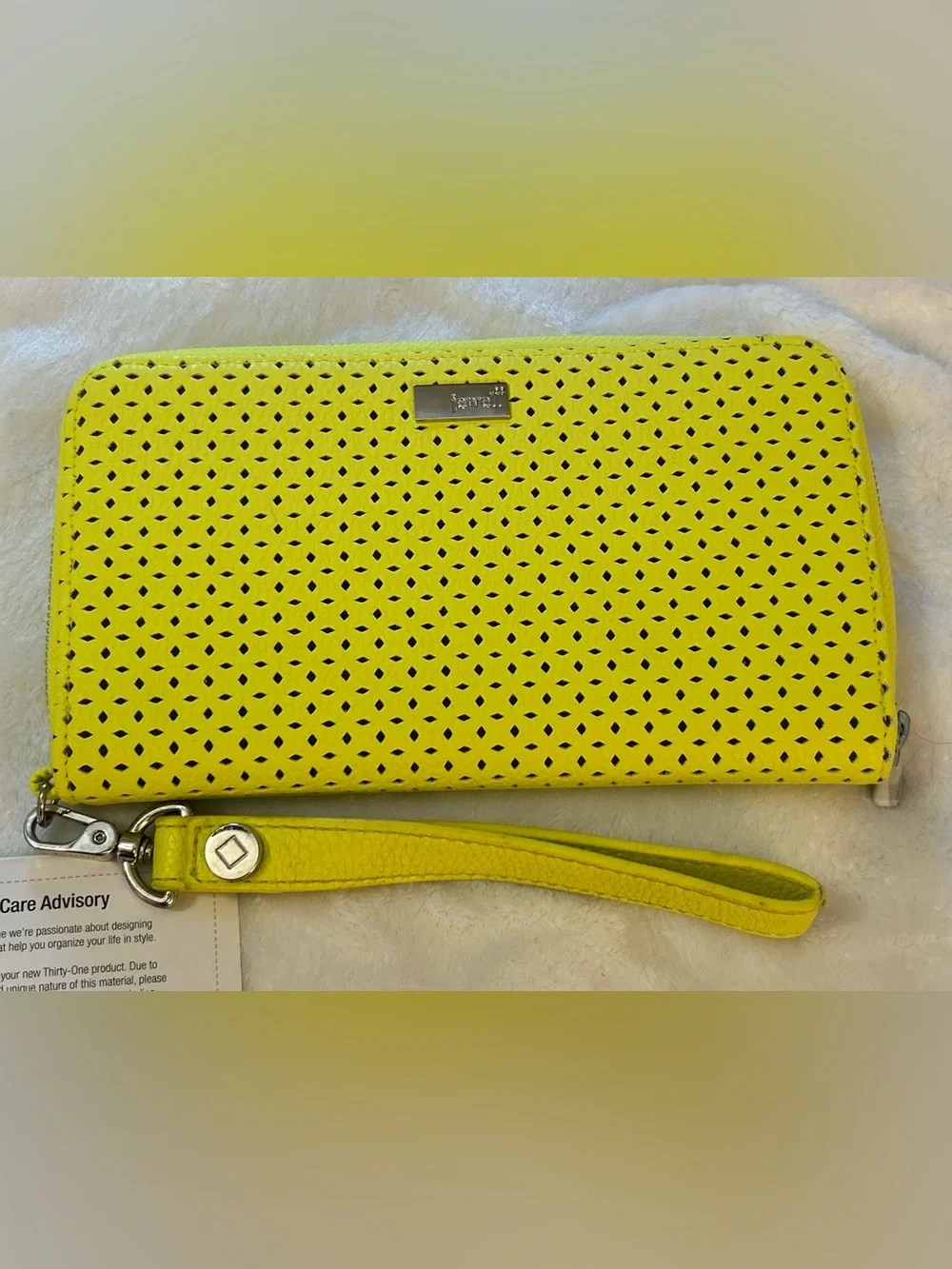 Thirty-One Jewell Zipper Wallet Neon Yellow Perforated Wristlet NWOT